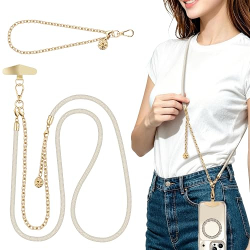 ROCONTRIP 2-In-1 Mobile Phone Lanyard Adjustable Crossbody Phone Chain Strap with Detachable iPhone Wrist Strap, Neck Strap for Most Phones with Metal Tether Tab (White+Gold)