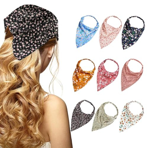 Lot de 9 Bandana Cheveux Femme Elastique, Bandana Coton Triangulaire, Foulard Bandeau Cheveux Bandeau en Mousseline de Soie, Bandeaux Bohème pour Femmes Filles