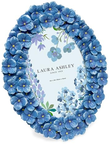 Laura Ashley 4x6 Blue Hydrangea Flower Textured Hand-Crafted Resin Oval Picture Frame with Easel & Hook, Tabletop & Wall Display, Decorative Floral Design Home Décor, Art, Photo Gallery (4x6, Blue)