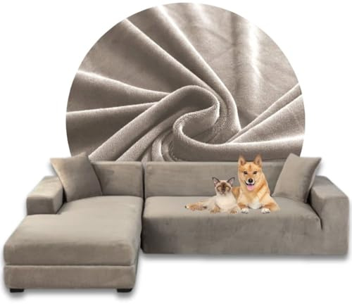 Domidekor Sofa Überzug L-Form – Elastischer Samt Couchbezug, Weich und Wasserdicht – Couch Überzug für 2/3 Sitzer, Universal Sofaüberwurfe mit Anti-Rutsch-Schaumstoffe, Beige, Links