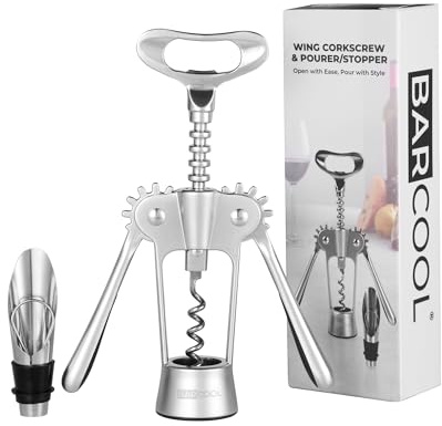 Barcool Premium Wine Bottle Opener – Wing Corkscrew with Pourer & Stopper – Stainless Steel Multifunctional Opener for Corks and Caps - 3 in 1 Wine Gift Set for Home, Bar & Special Occasions