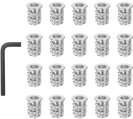 PATIKIL 20 Pcs Threaded Inserts Nuts, 1/4-20x0.59Inch Carbon Steel Hex Socket Drive Screw-in Wood Insert Metric Bolts Fastener with Wrench for Home Furniture, Silver
