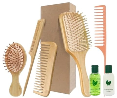 Wooden Handle Hair Care Set, Piece Grooming Kit with Combs and Hair Brushes