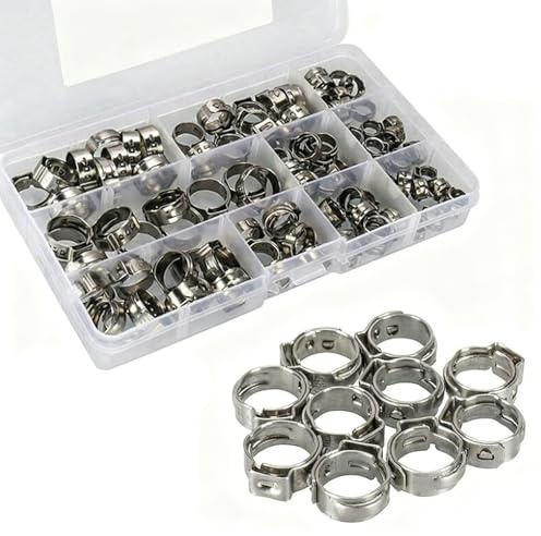 100PCS 10 tamaños abrazadera de una oreja 5.3-12.3mm acero inox 304 kit bridas de compresión sin fin para automoción electrodomésticos y fontanería