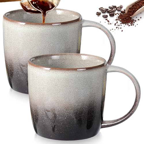 Lot de 2 grandes tasses à café en céramique, 330 ml, en faïence, avec anse, design rétro créatif, tasses à café en porcelaine, tasses à cappuccino, tasses à thé, pour le bureau, la maison