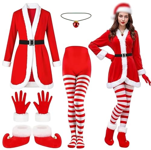 Obelunrp Costume da signora Claus per donna, vestito da Babbo Natale in velluto con cappotto, calze, stivali, guanti, collana e cappello per cosplay di Natale (L)