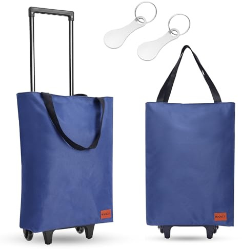 MOONCY 2 in 1 Shopping Trolley, 30L Large Folding Shopping Bag on Wheels, Lightweight Foldable Grocery Trolleys for Camping Traveling and Laundry, Blue
