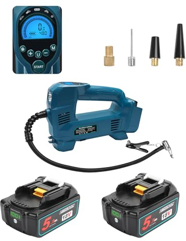 Powarobor Akku Kompressor Kompatibel mit Makita mit 2 Stück 18V 5.5Ah Akku (10.34 bar, Autoluftpumpe/Luftkompressor mit automatischer Abschaltung, LED-Licht)