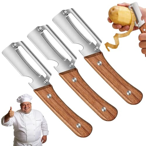 Pelador de Madera de Deslizamiento Suave, Pelador de Verduras Multifuncional para Cocina, Pelador de Patatas, Frutas y Calabazas con Abrebotellas (3PCS)