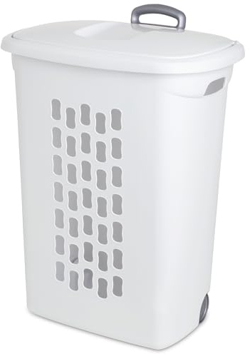 Sterilite 3 pack Ultra Wheeled Hamper, Laundry Basket w/Flip-Top Lid & Retractable Handle - Plastic Rolling Clothes Storage Cart with Ventilated Holes for Home, Apartment or Dorm