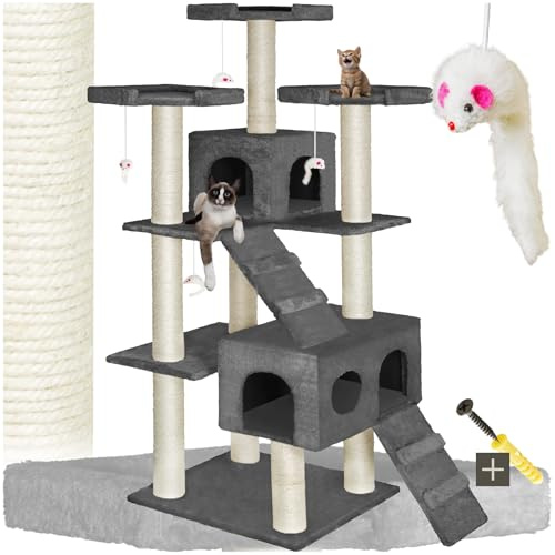 tectake® XXL Luxus Sisal Kratzbaum 186cm groß mit Spielzeug & Zubehör für Kitten und Katzen, Sisalseil Kratzstamm, Katzenhöhle und Katzenhaus, Katzentreppe und Aussichtsplattformen - anthrazit