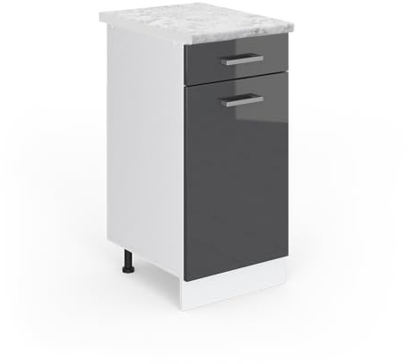 Vicco Küchenunterschrank R-Line, Anthrazit Hochglanz, 40 cm | 1 Schublade · AP Marmor inkl. · Höhenverstellbare Füße · ✓ Leichter Zugriff · ✓ Frei kombinierbar