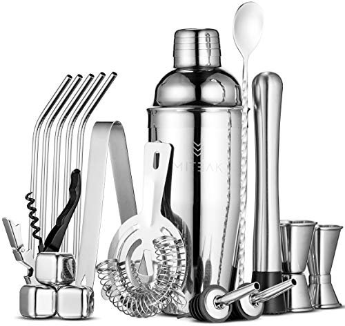 Mitbak Bartender Kit | 20-Piece Bar Accessories Set | Look Like A Pro With 25 OZ Cocktail Shaker Bottle, Strainer, Jigger, Steel Straws, Whiskey Stones & More | Excellent Gift