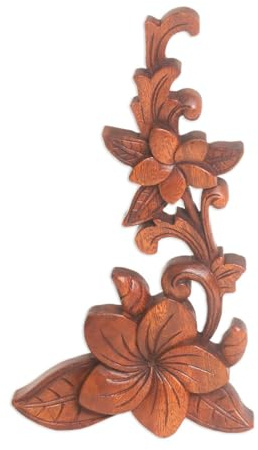 NOVICA Artisan Handcarved Wood Relief Wall Panel Suar of Frangipani Brown Indonesia Decor Panels Floral Tropical [11.5in H x 6.25in W x 0.8in D] ' Touch of Jepun'