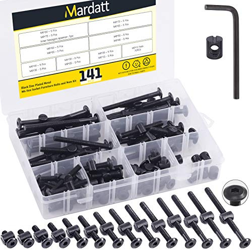 Mardatt 140 Stück 14 Größen M6 Schrauben Hardware-Ersatz-Kit schwarze Innensechskantschrauben und Zylindermuttern Kreuzdübel Sortiment Kit für Betten Möbel