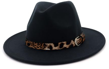 Women Panama Hat Wide Brim Fedora Hat with Leopard Print Band Belt Buckle (Circumference: 56-58cm)