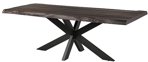 MASSIVMOEBEL24.DE|Freeform 5 - massiver Baumkantentisch 180x90 | grau - lackiert | Esstisch aus Mangoholz - Kreuzgestell aus Eisen matt | Massivholztisch mit echter Baumkante