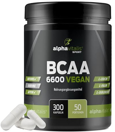 BCAA Kapseln optimal dosiert 300 Stk. - 1100 mg essentielle Aminosäuren + Vitamin B6 pro Stück - vegan, fermentiert und ohne Magnesiumstearat - L-Leucin, L-Valin, L-Isoleucin für Sportler