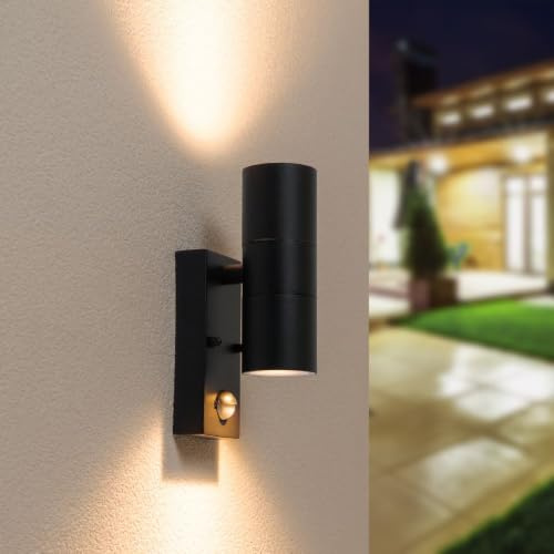 HOFTRONIC - LED Außenwandleuchte mit Bewegungsmelder und Dämmerungsschalter - GU10 2700K Warmweiß Schwarz - Up and Down wandleuchte - Moderne Wandlampe IP64 Wasserdicht für Garten, Terrasse, Carport