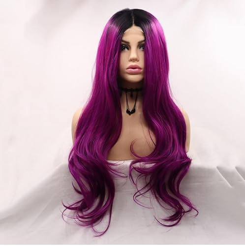 Xiweiya Perruques longues violettes avec dentelle frontale avec racines foncées et raie au milieu - Perruque synthétique violette en U avec dentelle frontale - Cheveux naturels résistants à la chaleur