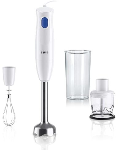 Braun MQ10.202M MultiQuick1 MINIPIMER CON 5 ANNI DI ASSISTENZA, Frullatore ad immersione extra leggero con base in acciaio inox e sistema EasyTwist, 3 ACCESSORI, 450 Watt, Bianco