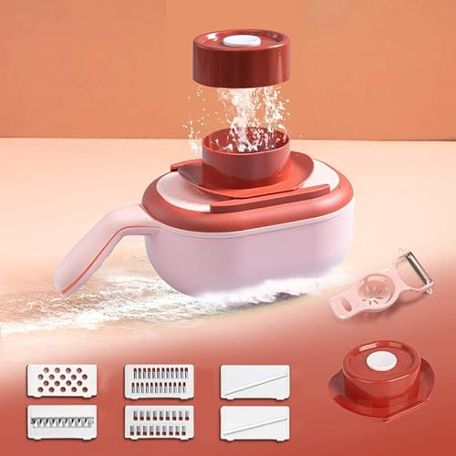 Cortador de Verduras y Frutas Picadora de Verduras Multi Rebanador de Verduras Manual Mandolina Cortador de Alimentos Multifuncional Vegetable Slicer Cutter, para Todo Tipo de Corte de Verduras,Rojo