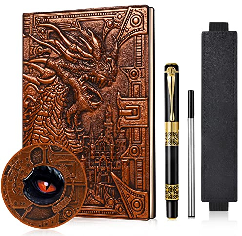 DND Dragon Notebook 3D präglad läderdagbok A5 vintage resedagbok med penn- och pennärm, D&D handgjord daglig dagbok fodrad skrivanteckningsbok för män och kvinnor (röd drak).