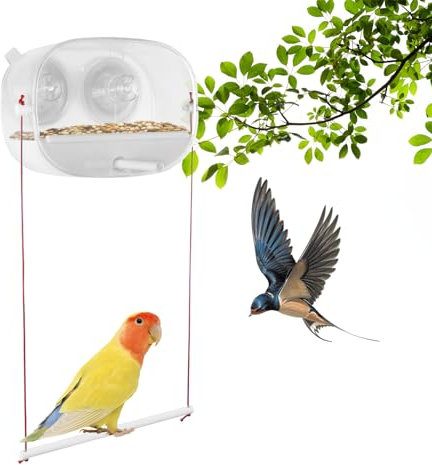 Window Bird Feeder Clear,Bird Feeder with Case,Small Acrylic Window Bird Feeder with Strong Suction Cups and Detachable Seed Tray,Easy Clean Bird Seed Feeder with 2 Bird Hanging Poles,6.3x4.7x3.3in