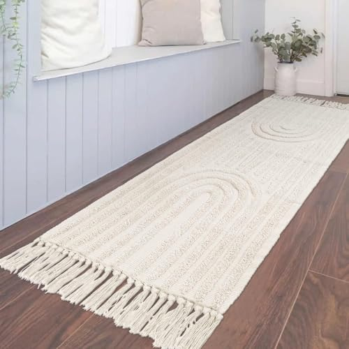 INKAROBOX Cotton Rug with Tassels, Hand Woven, Chic, Boho, Bath Mat, Kitchen Runner, Farmhouse Cotton, Ideal for Living Room, Bedroom etc (Beige Rainbow, 60 x 180 cm)