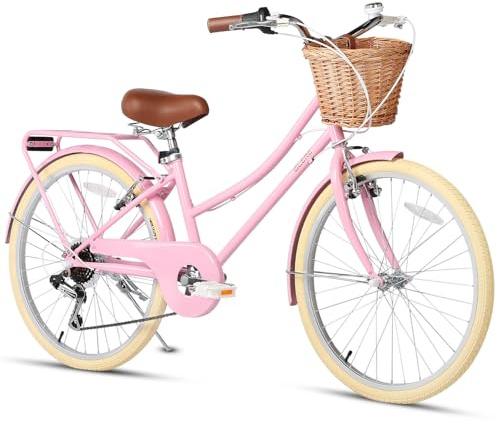 Glerc Missy 20 24 26 Inch Girls Bike Cruiser Hybrid 6-Speed City Bicycle for Women Ladies & Youth with Wicker Basket & Kickstand, Multiple Colors