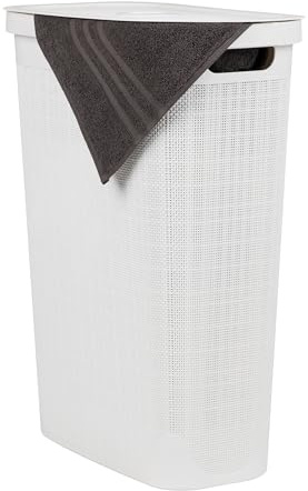 Mind Reader Slim Laundry Hamper with Lid, 40L Clothes Basket, Linen Design, Plastic, White