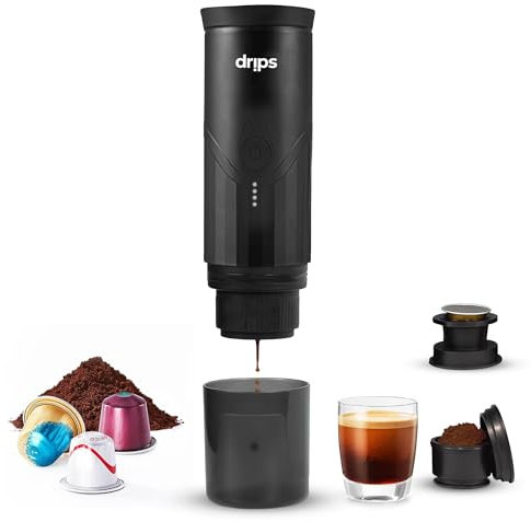 Drips Portable Electric Espresso Machine with 3-4 Mins Self-Warming, 20 Bar Mini Coffee Maker, Compatible with NS Pods and Ground Coffee for Camping, Travel, Hiking, Office (Black