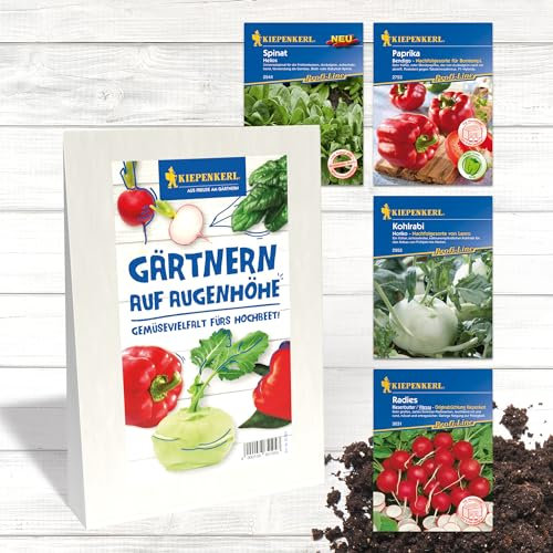 Kiepenkerl Hobby/Profi-Line Gemüsesamen-Set 'Gärtnern auf Augenhöhe – Gemüsevielfalt für’s Hochbeet' 65104 - Spinat, Paprika, Radieschen & Kohlrabi - Hochbeet - Ratgeber