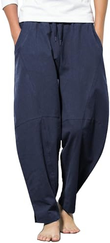 COOFANDY herr, linnebyxor, långa, lös passform, sommarbyxor, lätta fritidsbyxor, semester, strandbyxor, yogabyxor, haremsbyxor, hippie, långa byxor, Mörkblå, S