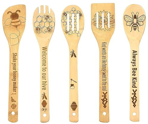 5 Pieces Bamboo Bee Spoons Cooking Utensils Honeycomb Engraved Kitchen Tool | Spatula Accessories Set, Christmas Birthday Wedding Favor Gift
