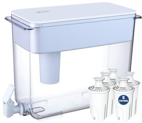 30-Cup Water Filter Pitcher & 5 Filters & Electronic Filter Change Reminder: Compatible w/Large Brita Water Pitcher Large Brita Water Dispenser, Brita Dispenser, Brita Ultramax & Brita Pitcher