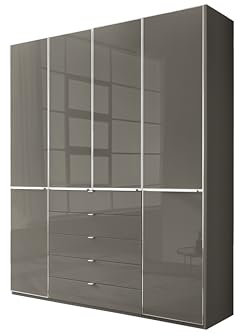 WIEMANN Drehtürenschrank mit 5 Schubkästen hochwertiger Kleiderschrank Schlafzimmerschrank 200cm breit, mit Schubladen, Glas Havanna, Höhe 236cm, Shanghai