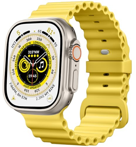 CeMiKa Correas Ocean Compatible con Correa Apple Watch 49mm 45mm 44mm 42mm, Correa de Silicona Suave Mejorada con Hebilla Diseñada para iWatch Ultra 2 Ultra Serie 9 8 7 6 5 4 3 2 1, Amarillo
