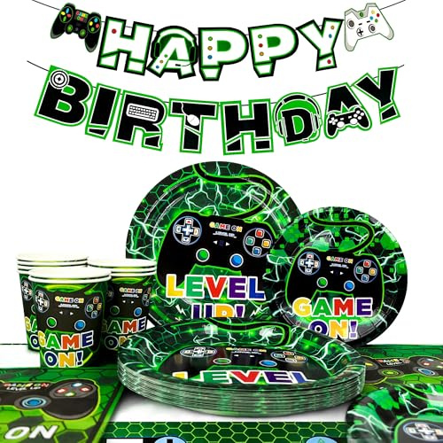 Video Game Party Supplies,For 16 Video Game Party Tableware Set Plates and Cups and Napkins Decorations Banner etc Green Birthday Supplies