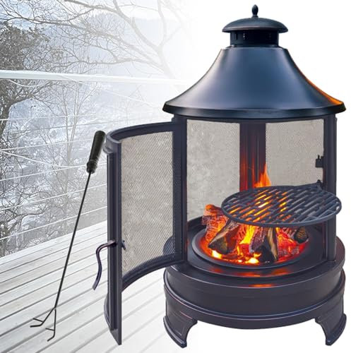 Chimenea de jardín al aire libre con parrilla de barbacoa y protección contra chispas, chimenea de metal de leña para patio, camping y calefacción de jardín