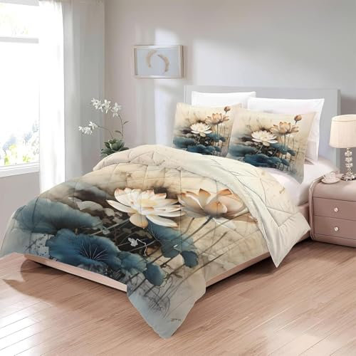 Bettdecke 200x220 Ohne Bezug Nutzbar, Blumen Lotusblumen Bettdecken Waschbar Ganzjahresdecke Aquarell 4 Jahreszeiten Steppdecke, Bettzeug Microfaser mit 2 Kissenbezug für Sommer Winter Doppelbett