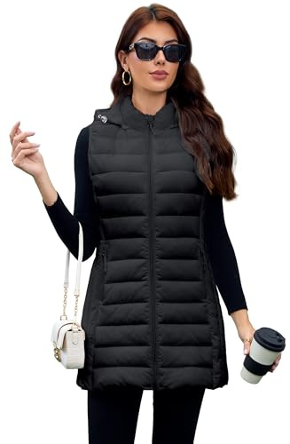 MODERN BUBBLE Packable Long Puffer Vest Women With Hood Sleeveless Lightweight Jacket Womens Winter Vest (US, Alpha, Medium, Regular, Regular, 016-Black)