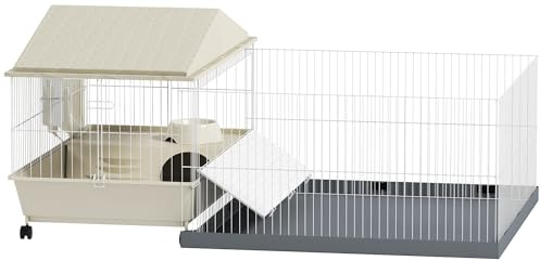 PawHut Guinea Pig Cage with Removable Pet Playpen, Waterproof Pad, Hay Feeder, Water Bottle, Food Dish, Hideaway, Balcony, Soft-Covered Ramp, Wheels, Small Animal Cage for Guinea Pig, Hedgehog