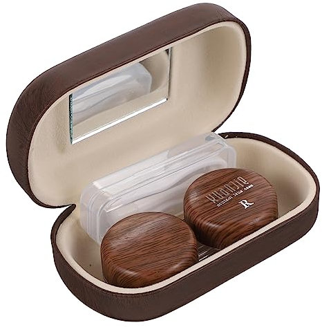 Homoyoyo Vintage Leather Texture Large Diameter Dual Contact Case Leakproof Storage Box for Travel Eye Care Kit Holder in Dark Brown