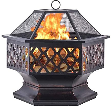 Brasero de jardin carré en métal avec étagère de barbecue – Petit foyer avec tisonnier, couvercle en maille, grille pour jardin – Cheminée extérieure barbecue Combo