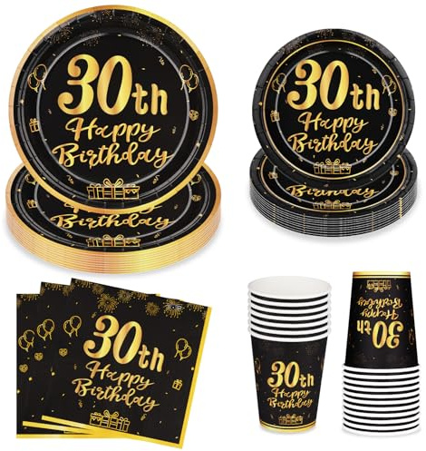 LAWALEISHE 30th Happy Birthday Party Plates Cups and Napkins, Black Gold 9 and 7 Disposable Paper Plates and Cups, 96pcs Party Tableware Set 24 Guests, Birthday Supplies for Table Decorations