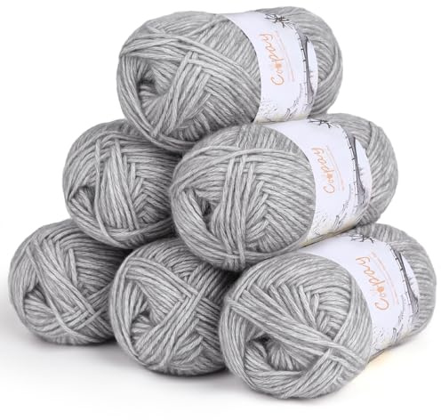 Coopay Wolle zum Häkeln, 6 x 50g Weiches Wolle zum Stricken, Flauschige Baumwolle Set Häkelgarn, Warm Babywolle aus 78% Baumwolle 22% Acryl, Premium Häkelgarn für Decken, Tasche, Puppen - Grau