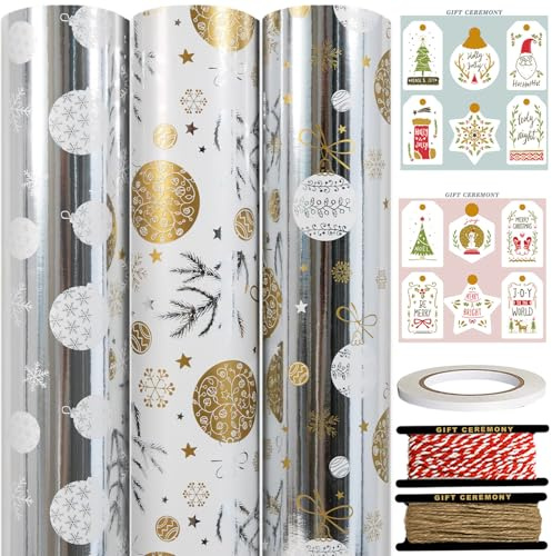 HaloCasa Geschenkpapier Weihnachten Set - 3 Rollen Metallic Folien-Weihnachtspapier in Gold & Silber (43cm x 3m) mit Geschenkanhängern & Juteband - für Adventskalender, Geschenkverpackung & Basteln