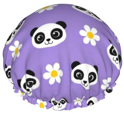 Cuffia da doccia da donna, impermeabile, riutilizzabile, con panda e fiori, per bagno, spa, viaggi e uso quotidiano