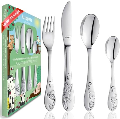 GiveSmiles Kinderbesteck mit Namensgravur – Personalisiertes Kinderbesteck, Besteck Set Geschenk Junge 3 Jahre, Taufgeschenk Junge & Geschenk zur Taufe Bauernhoffreunde Edelstahl
